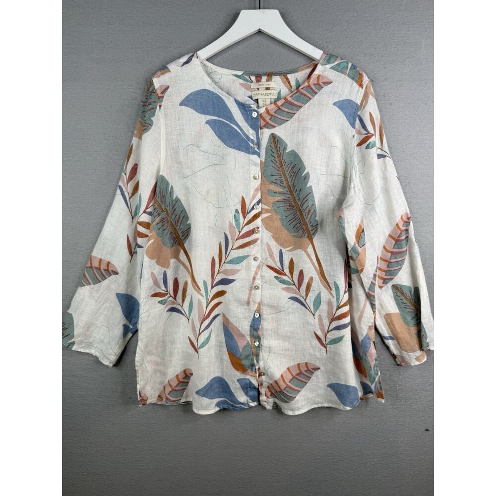 Cynthia Rowley 100% Linen‎ Top Womens 1X Leaf Print Lagenlook Button Up